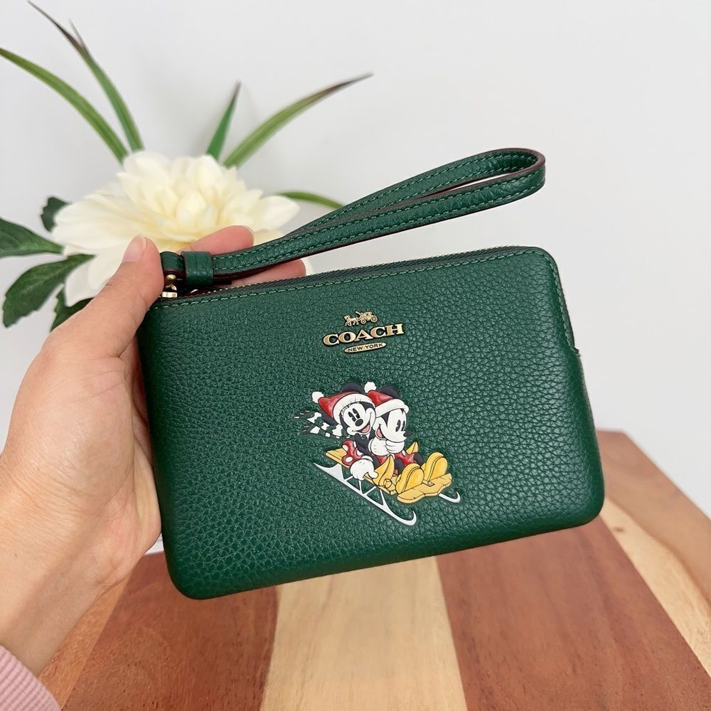 NWT Disney X Coach Corner Zip‎ Wristlet With Sled Motif